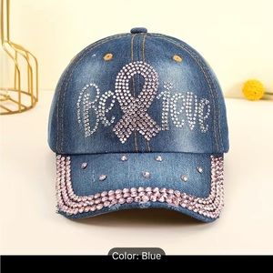 NWOT-Believe-pink ribbon denim breast  cancer awareness cap